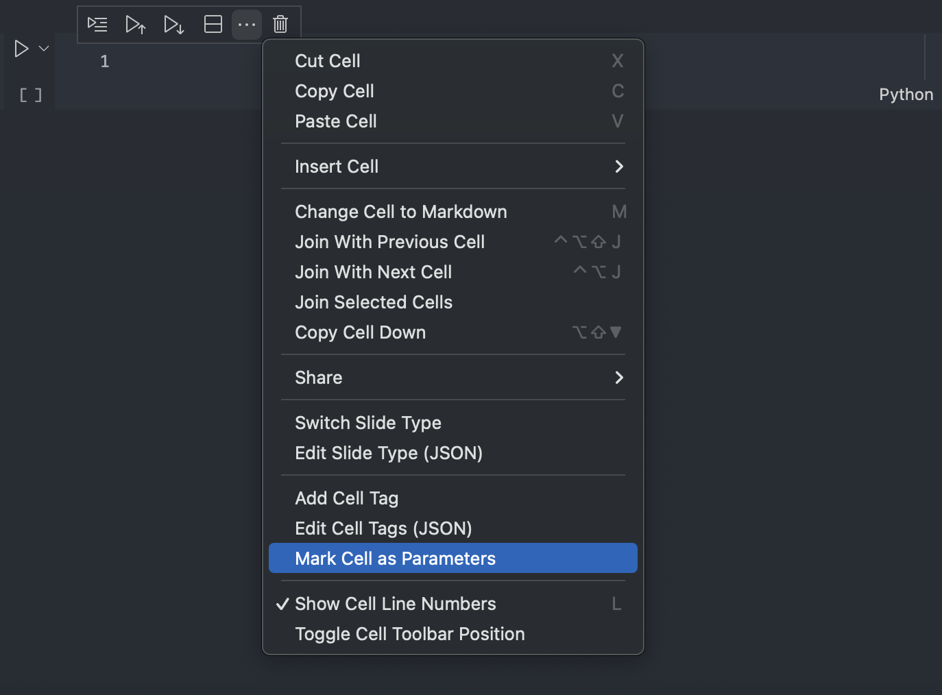 VS Code context menu for marking parameters cell