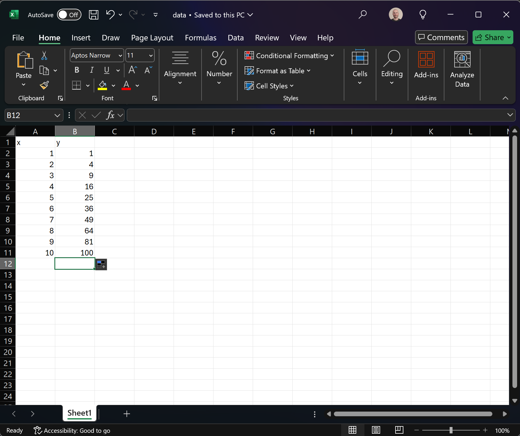 Creating our dataset in Excel.