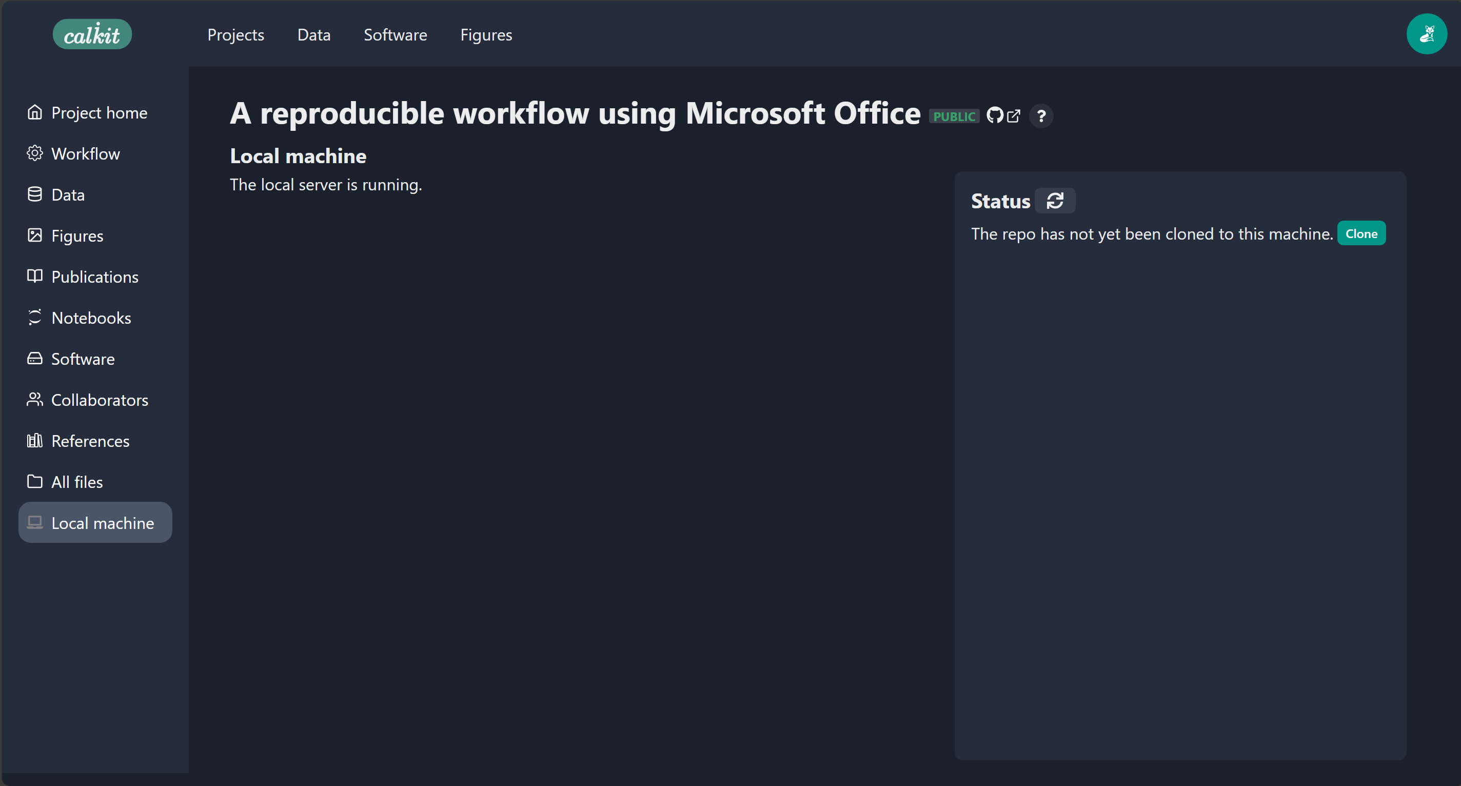 The project's local machine page showing we haven't cloned the repo yet.